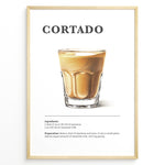 Load image into Gallery viewer, Illustrated Cortado recipe poster with a glass of espresso mixed with steamed milk.
