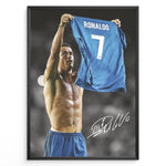 Load image into Gallery viewer, Cristiano Ronaldo fodbold plakat hvor han holder Real Madrid trøje med nummer 7 i ikonisk Champions League øjeblik.
