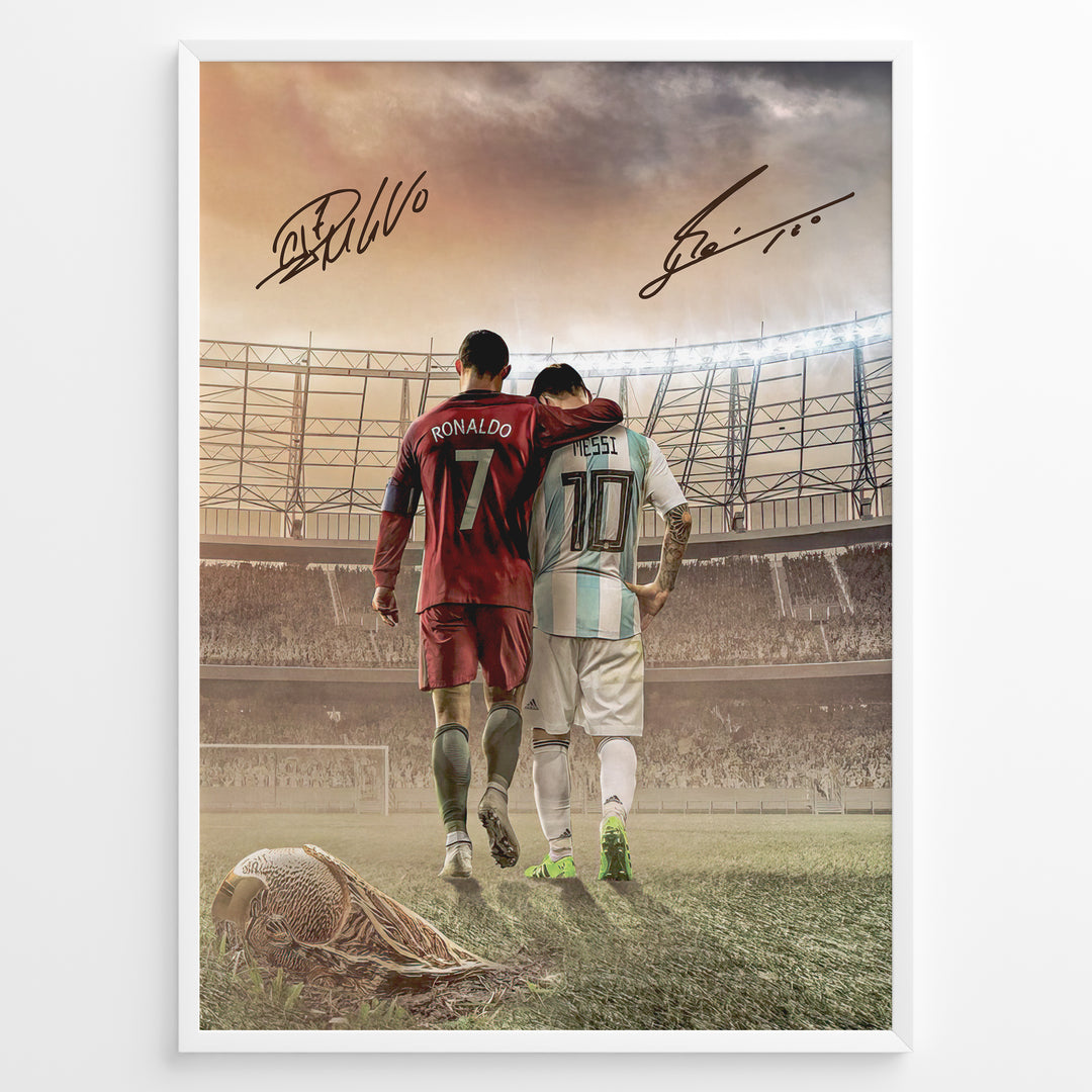 Cristiano Ronaldo og Lionel Messi plakat hvor de går sammen på stadion i Portugal og Argentina landsholdstrøjer med autografdesign.