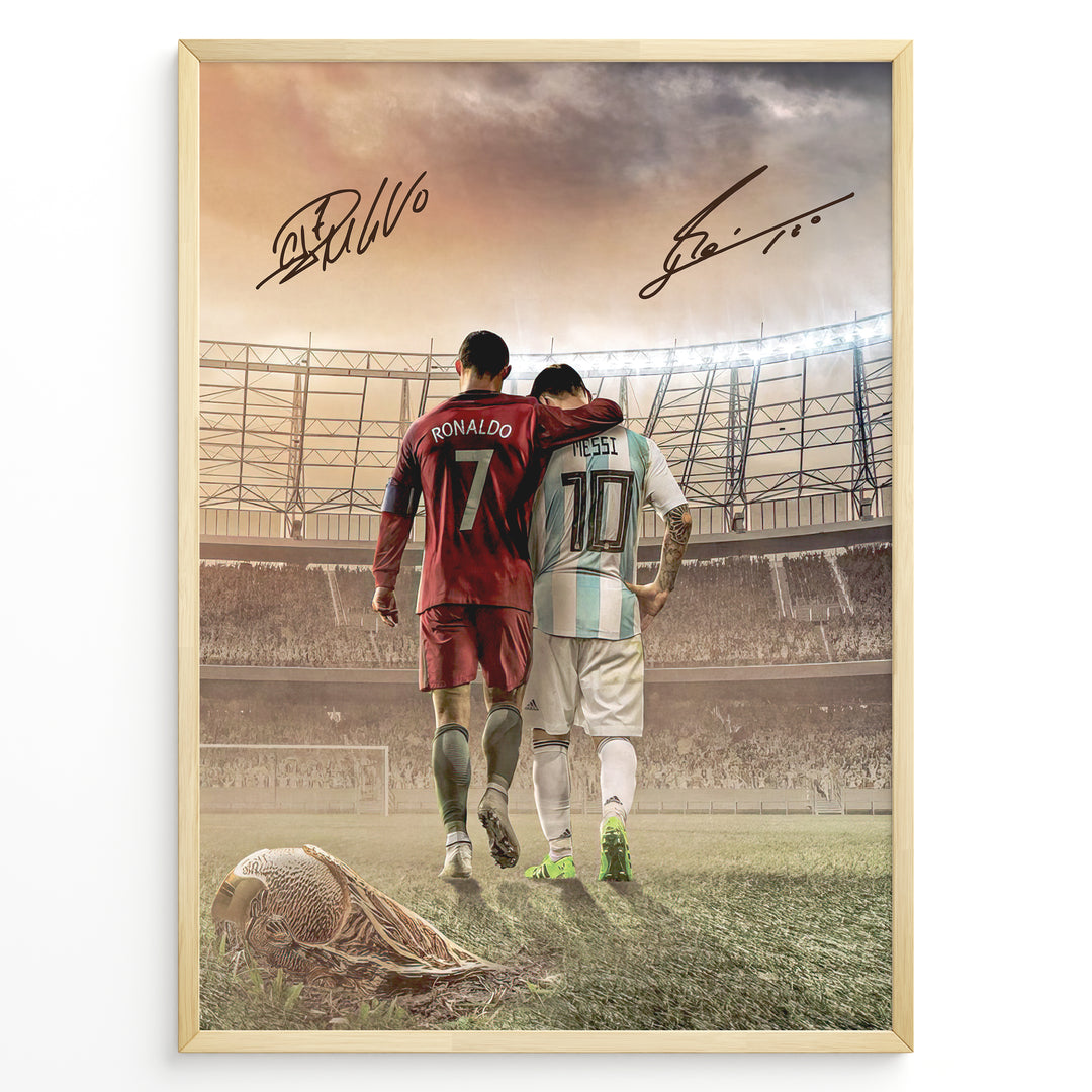 Cristiano Ronaldo og Lionel Messi plakat hvor de går sammen på stadion i Portugal og Argentina landsholdstrøjer med autografdesign.