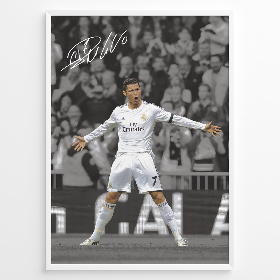 Cristiano Ronaldo celebrating in Real Madrid white jersey framed plakat
