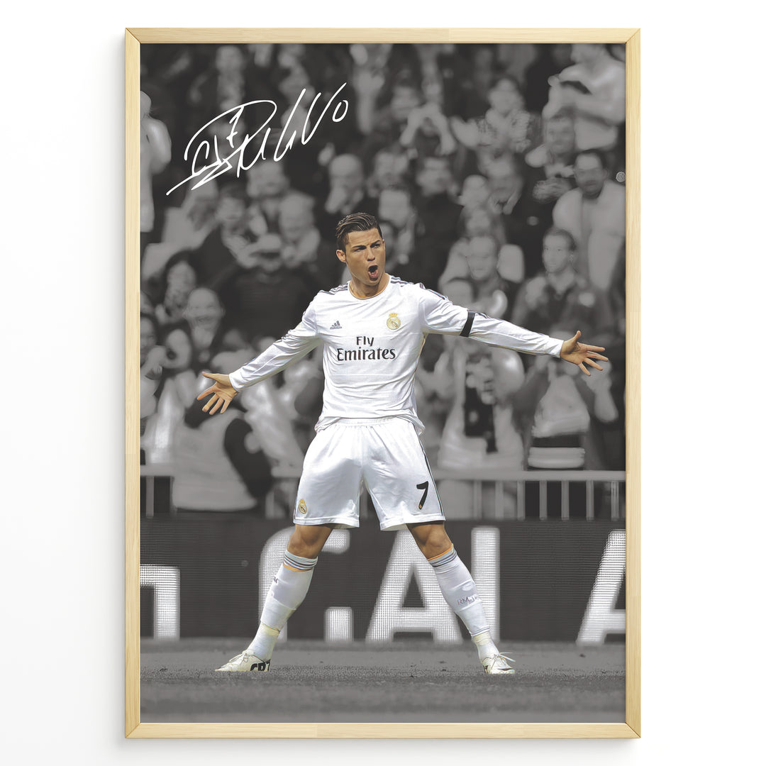 Cristiano Ronaldo celebrating in Real Madrid white jersey framed plakat