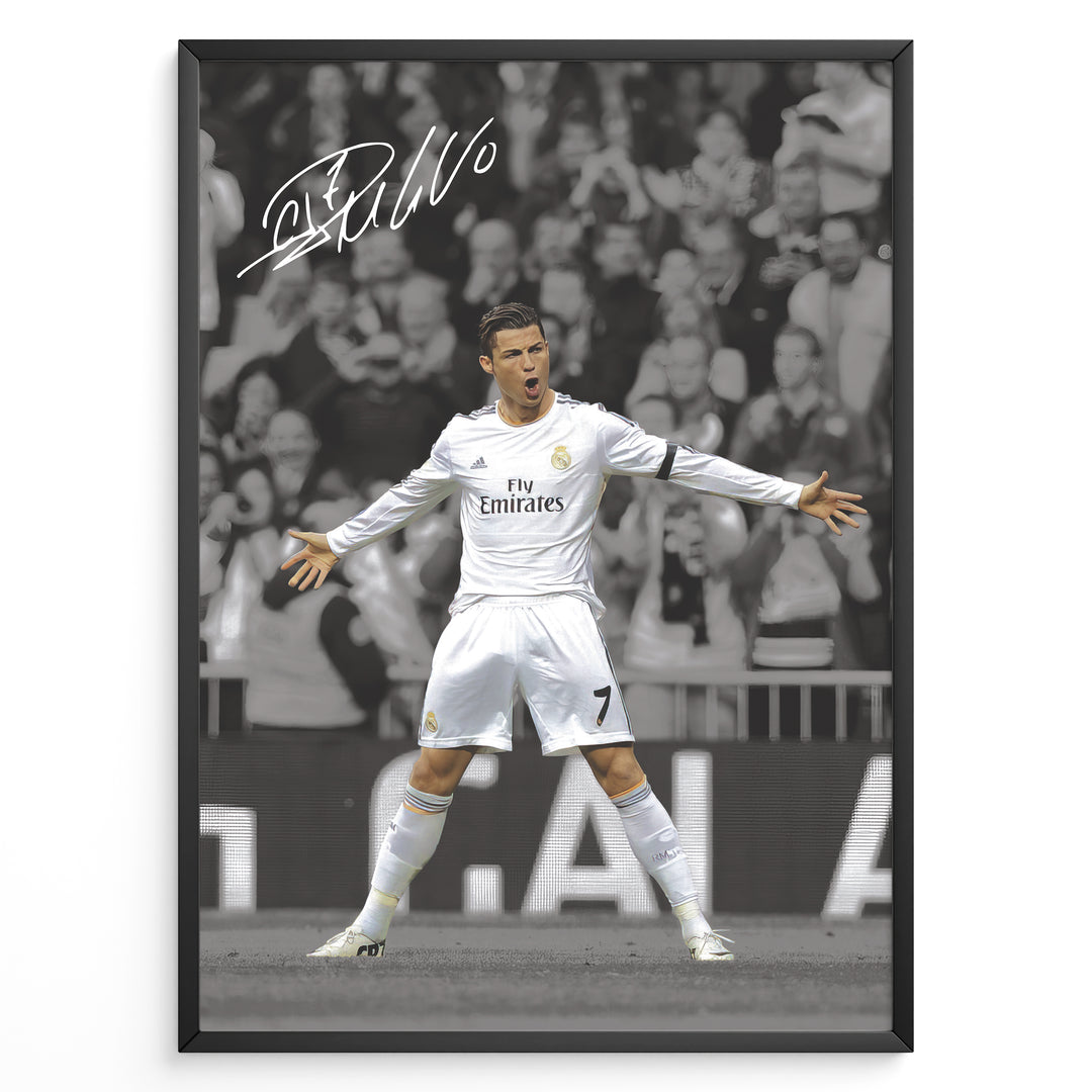 Cristiano Ronaldo celebrating in Real Madrid white jersey framed plakat