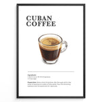 Load image into Gallery viewer, Illustrated Cuban Coffee recipe poster with a glass of sweet espresso.
