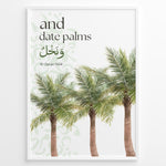 Load image into Gallery viewer, Dadelpalmer plakat med botanisk illustration og engelsk samt arabisk typografi inspireret af Koranens frugter
