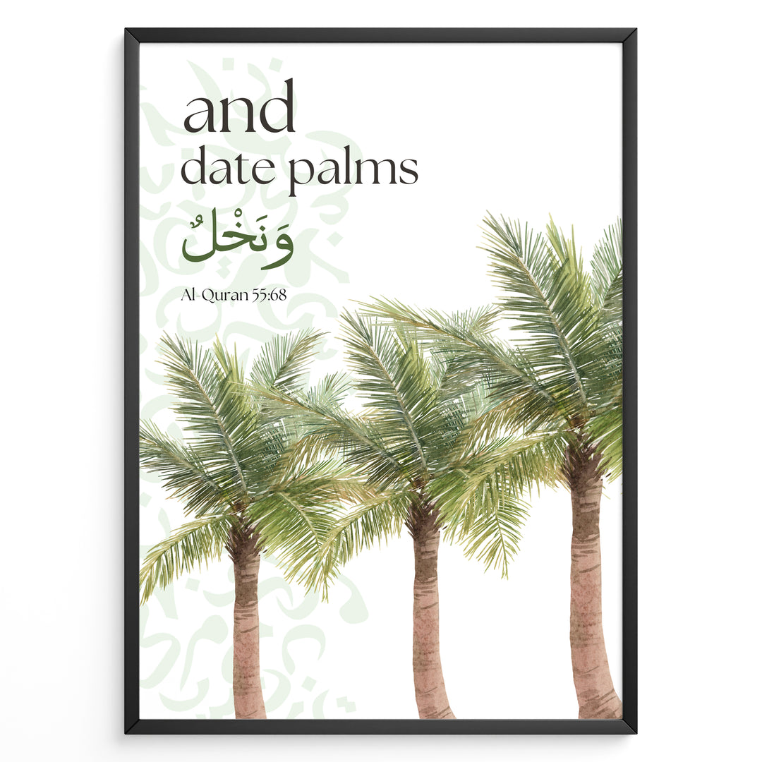 Dadelpalmer plakat med botanisk illustration og engelsk samt arabisk typografi inspireret af Koranens frugter