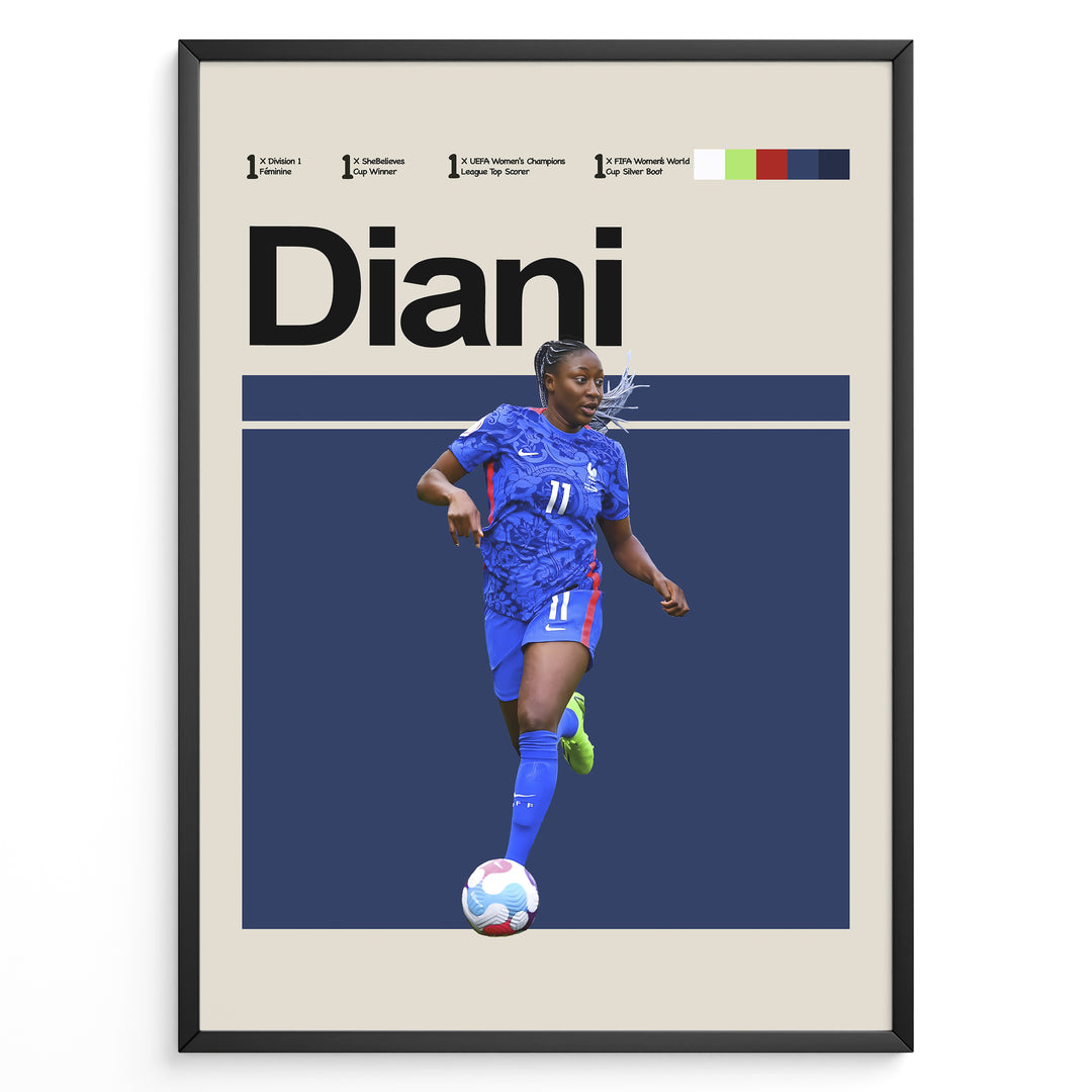 Kadidiatou Diani plakat | Frankrig landsholdstrøje i blå med boldkontrol og energi – ideel til fans af kvindefodbold og Les Bleues
