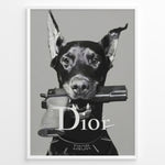 Load image into Gallery viewer, Fashion Plakat | Dior Guard Dog Poster – Bold Fashion Statement Wall Art Plakaty.dk | Black and white image of a Doberman dog holding a handgun in its mouth, wearing a Dior collar, with &quot;Dior&quot; text overlayed – a bold, edgy luxury fashion print.
