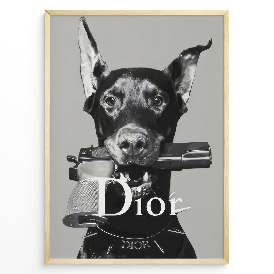 Fashion Plakat | Dior Guard Dog Poster – Bold Fashion Statement Wall Art Plakaty.dk | Black and white image of a Doberman dog holding a handgun in its mouth, wearing a Dior collar, with "Dior" text overlayed – a bold, edgy luxury fashion print.