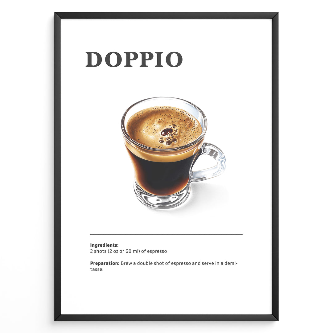 Illustrated Doppio recipe poster with a clear glass of double espresso.