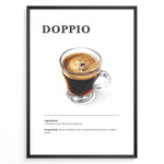 Load image into Gallery viewer, Illustrated Doppio recipe poster with a clear glass of double espresso.
