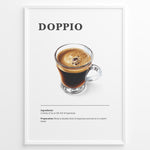 Load image into Gallery viewer, Illustrated Doppio recipe poster with a clear glass of double espresso.

