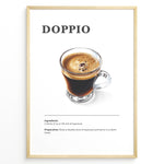 Load image into Gallery viewer, Illustrated Doppio recipe poster with a clear glass of double espresso.
