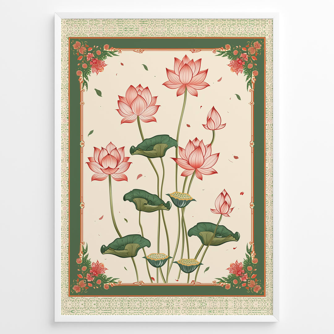 Plakater | Illustration of pink lotus flowers with green leaves framed by an ornate vintage border in green and cream colors.