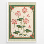 Load image into Gallery viewer, Plakater | Illustration of pink lotus flowers with green leaves framed by an ornate vintage border in green and cream colors.
