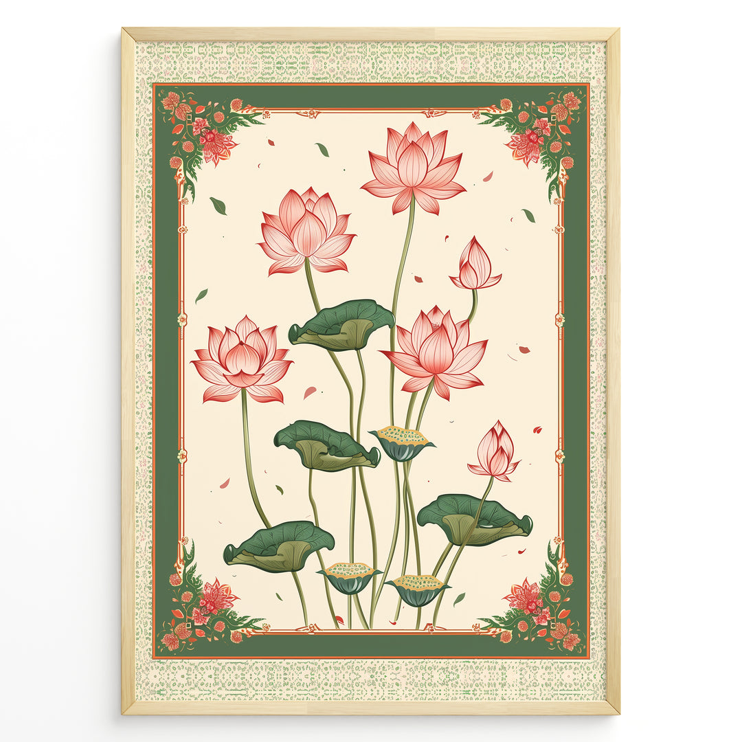 Plakater | Illustration of pink lotus flowers with green leaves framed by an ornate vintage border in green and cream colors.