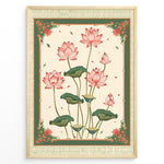 Load image into Gallery viewer, Plakater | Illustration of pink lotus flowers with green leaves framed by an ornate vintage border in green and cream colors.
