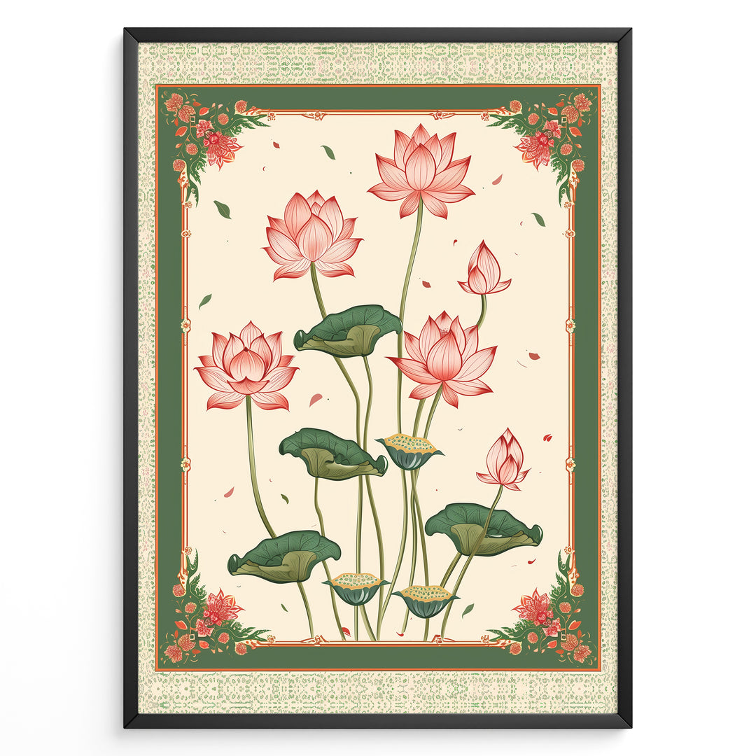 Plakater | Illustration of pink lotus flowers with green leaves framed by an ornate vintage border in green and cream colors.