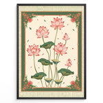 Load image into Gallery viewer, Plakater | Illustration of pink lotus flowers with green leaves framed by an ornate vintage border in green and cream colors.
