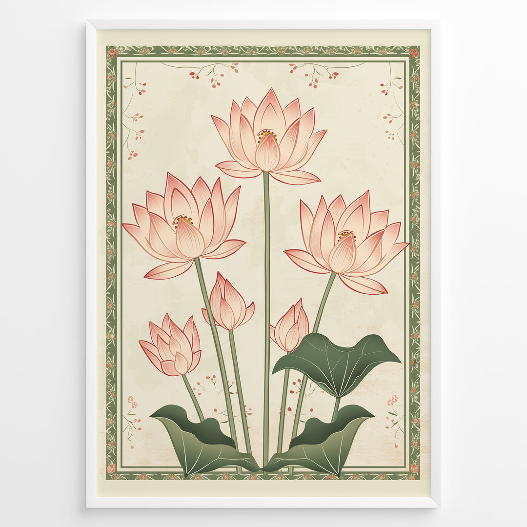 Plakater | Illustration of pink lotus flowers with green stems and leaves, framed by a decorative green floral border on a cream textured background.