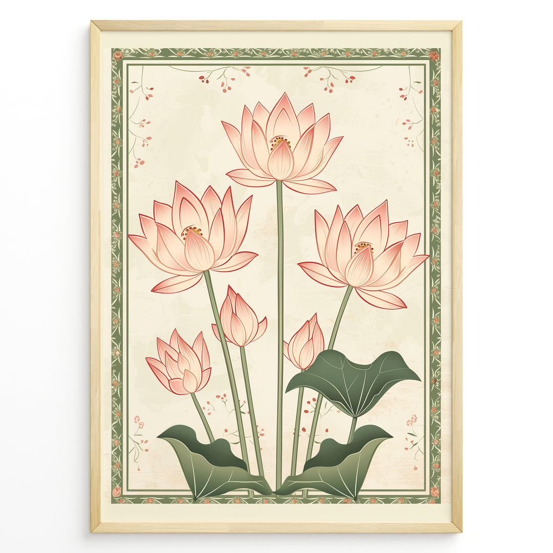 Plakater | Illustration of pink lotus flowers with green stems and leaves, framed by a decorative green floral border on a cream textured background.