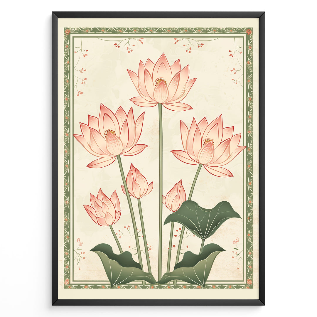 Plakater | Illustration of pink lotus flowers with green stems and leaves, framed by a decorative green floral border on a cream textured background.