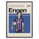 Load image into Gallery viewer, Ingrid Engen plakat | FC Barcelona trøje i blå og rød med Champions League-bold – perfekt til fans af kvindefodbold og Barça

