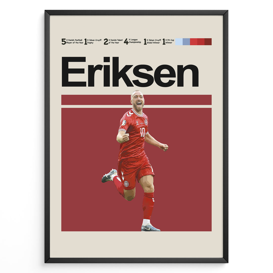 Christian Eriksen fodbold plakat i Danmarks røde landsholdstrøje under jubelscene med dynamisk og stilrent design