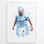 Load image into Gallery viewer, Erling Haaland celebrating in Manchester City light blue jersey artistic framed plakat
