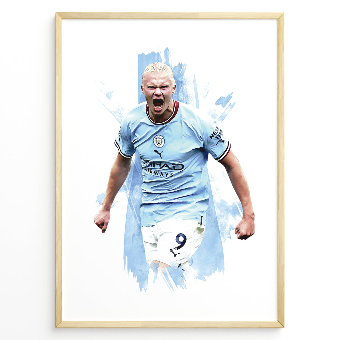 Erling Haaland celebrating in Manchester City light blue jersey artistic framed plakat
