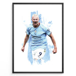 Load image into Gallery viewer, Erling Haaland celebrating in Manchester City light blue jersey artistic framed plakat
