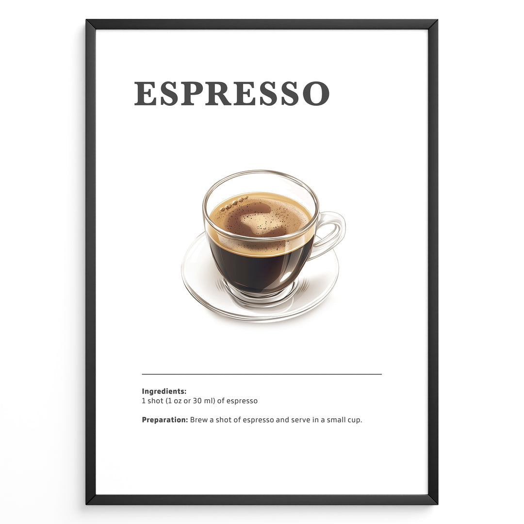 Espresso recipe poster with a glass cup of espresso on a white saucer.