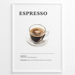 Load image into Gallery viewer, Espresso recipe poster with a glass cup of espresso on a white saucer.

