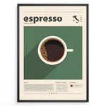 Load image into Gallery viewer, Minimalist espresso poster with a top-view coffee cup on a green background and modern typography.
