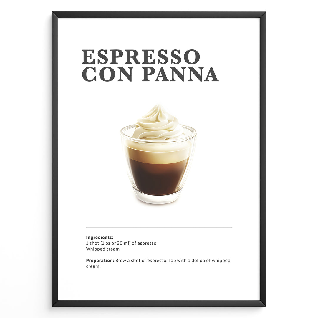 Illustrated Espresso Con Panna recipe poster with espresso topped with whipped cream in a clear cup.