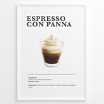 Load image into Gallery viewer, Illustrated Espresso Con Panna recipe poster with espresso topped with whipped cream in a clear cup.
