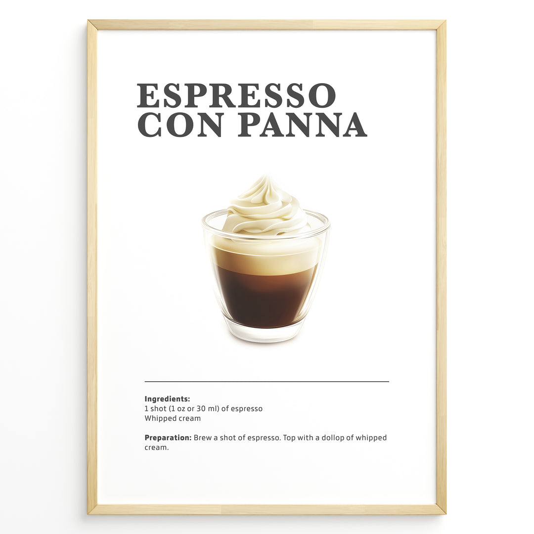 Illustrated Espresso Con Panna recipe poster with espresso topped with whipped cream in a clear cup.