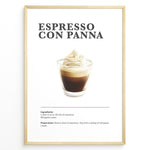 Load image into Gallery viewer, Illustrated Espresso Con Panna recipe poster with espresso topped with whipped cream in a clear cup.
