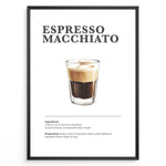 Load image into Gallery viewer, Minimalist Espresso Macchiato recipe poster with espresso and a small layer of steamed milk or foam in a clear glass.
