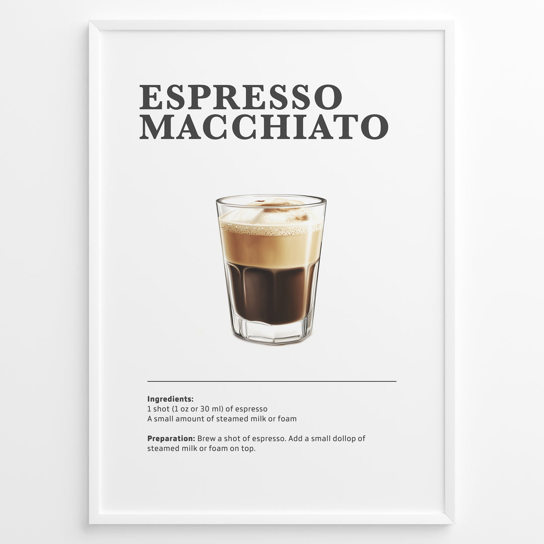 Minimalist Espresso Macchiato recipe poster with espresso and a small layer of steamed milk or foam in a clear glass.