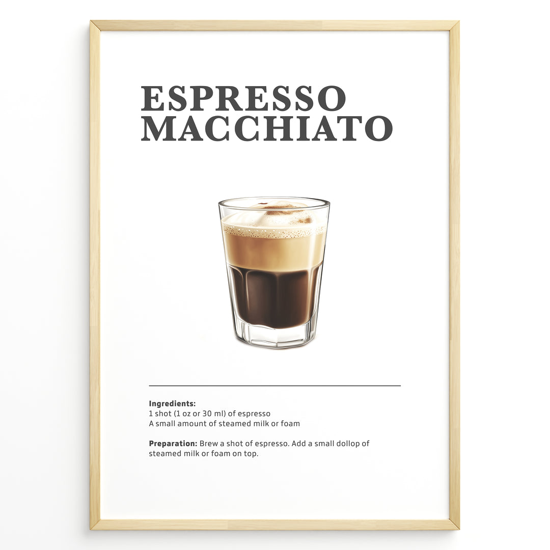 Minimalist Espresso Macchiato recipe poster with espresso and a small layer of steamed milk or foam in a clear glass.