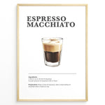 Load image into Gallery viewer, Minimalist Espresso Macchiato recipe poster with espresso and a small layer of steamed milk or foam in a clear glass.
