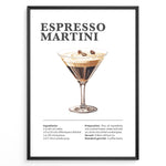 Load image into Gallery viewer, Espresso Martini recipe poster with illustrated martini glass topped with coffee beans and recipe details below.

