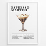 Load image into Gallery viewer, Espresso Martini recipe poster with illustrated martini glass topped with coffee beans and recipe details below.
