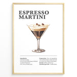 Load image into Gallery viewer, Espresso Martini recipe poster with illustrated martini glass topped with coffee beans and recipe details below.
