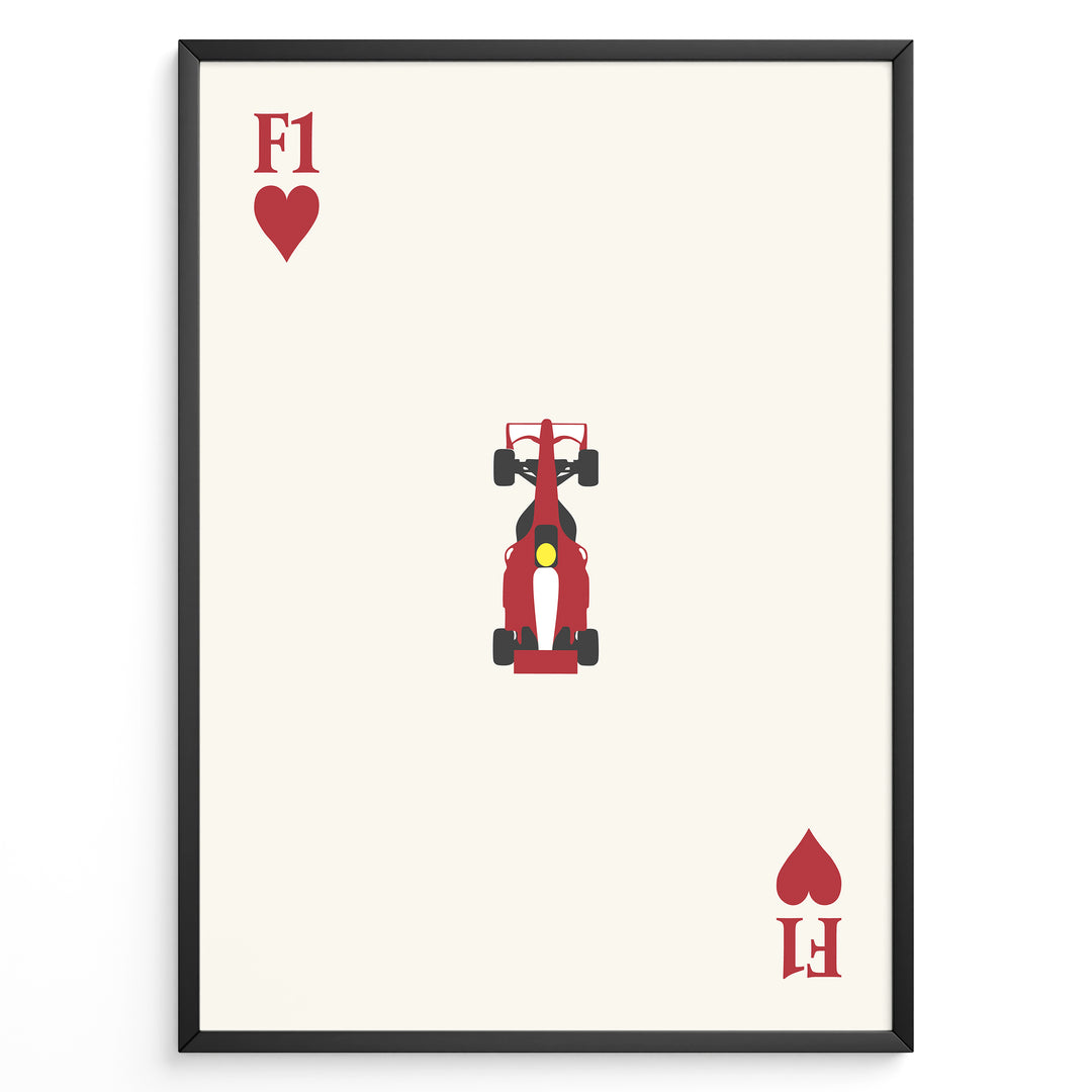 Minimalist F1 Hearts art print plakat showing a red Formula 1 car centered on a cream background with heart symbols in a playing card layout.