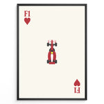 Load image into Gallery viewer, Minimalist F1 Hearts art print plakat showing a red Formula 1 car centered on a cream background with heart symbols in a playing card layout.
