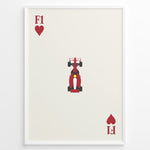 Load image into Gallery viewer, Minimalist F1 Hearts art print plakat showing a red Formula 1 car centered on a cream background with heart symbols in a playing card layout.
