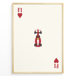 Load image into Gallery viewer, Minimalist F1 Hearts art print plakat showing a red Formula 1 car centered on a cream background with heart symbols in a playing card layout.
