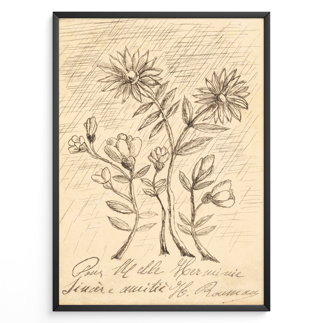 Framed vintage botanical sketch poster with hand-drawn flowers and cursive handwriting on an aged beige background.